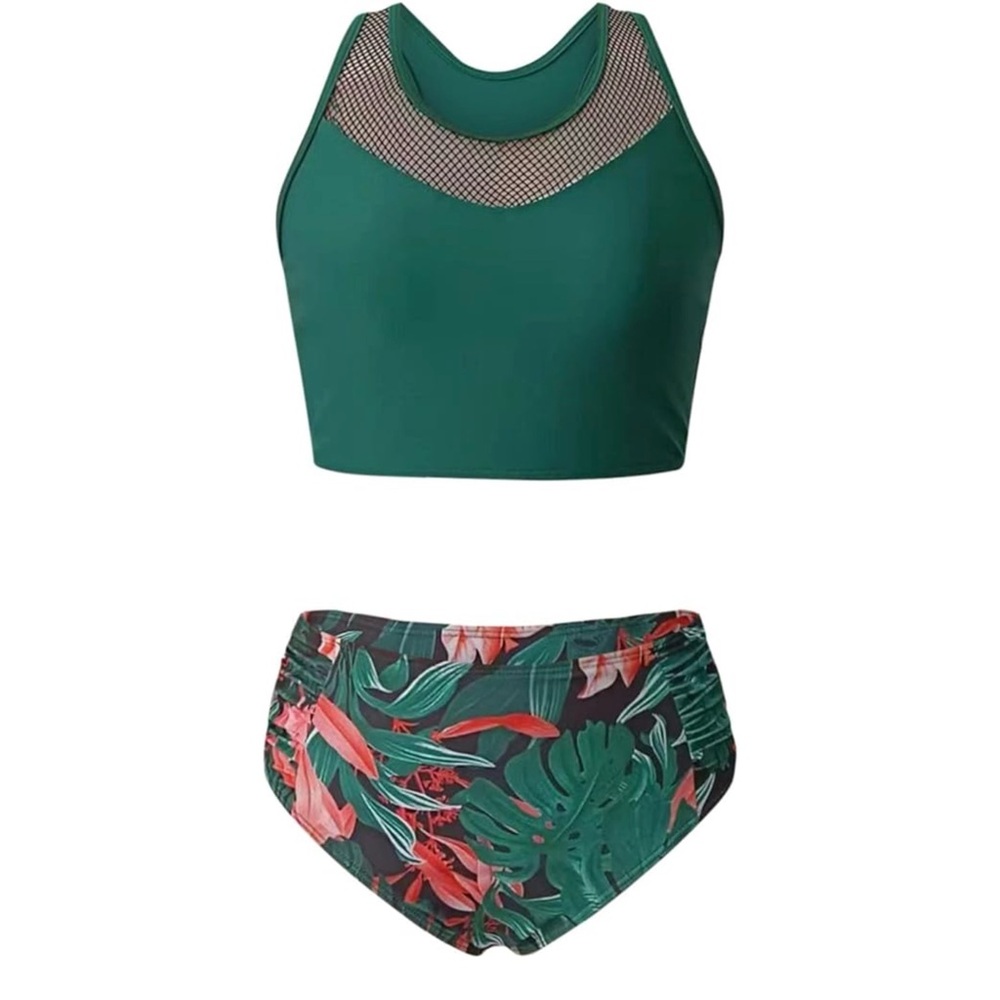NWT - 2 Piece Halter Swimsuit - Green/ Tropical Print, Size: Medium